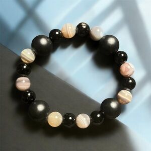 Unisex Onyx & Botswana Agate Beaded Bracelet